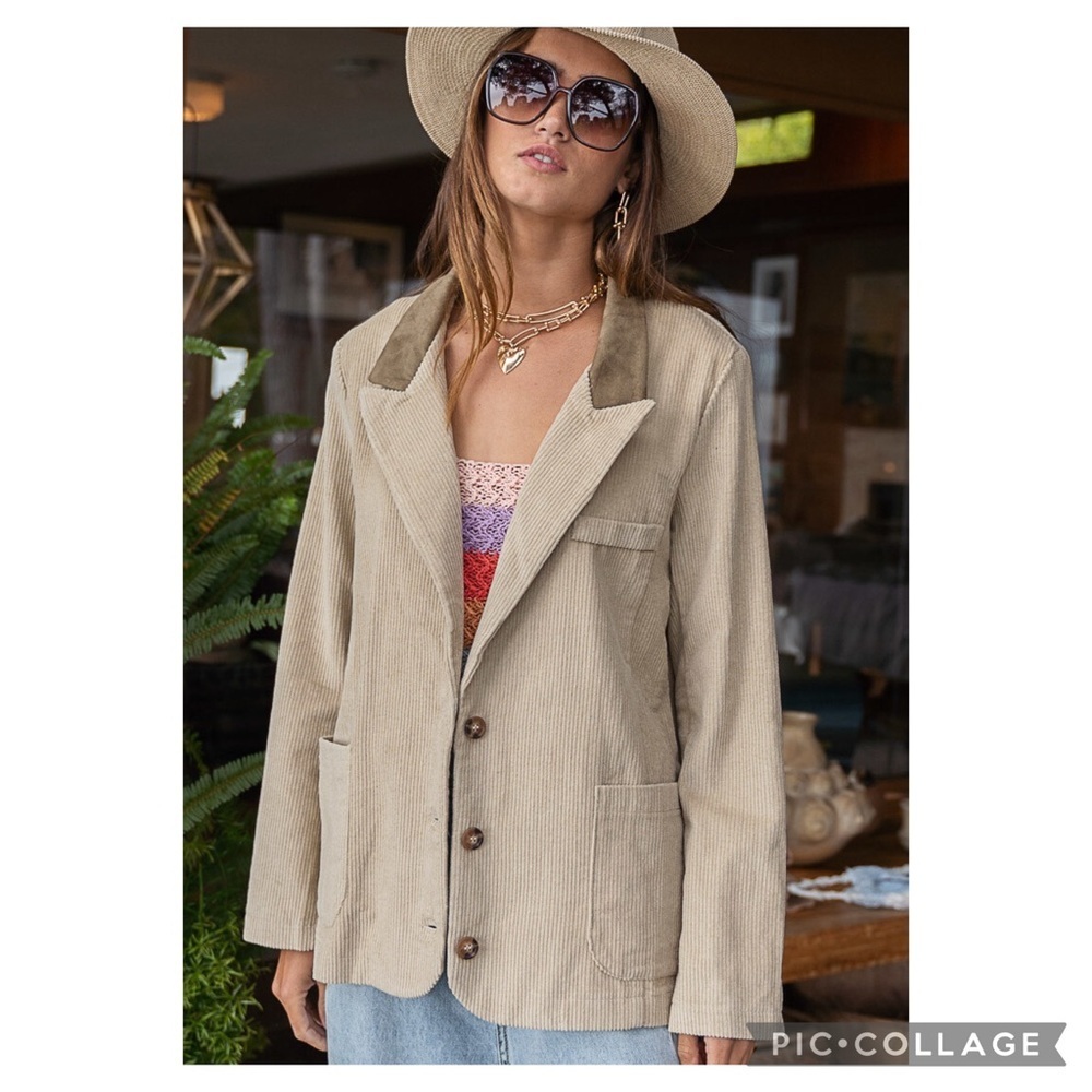 POL Clothing Mocha Beige Corduroy Blazer with Contrasting Brown Collar Size M - Picture 3 of 15